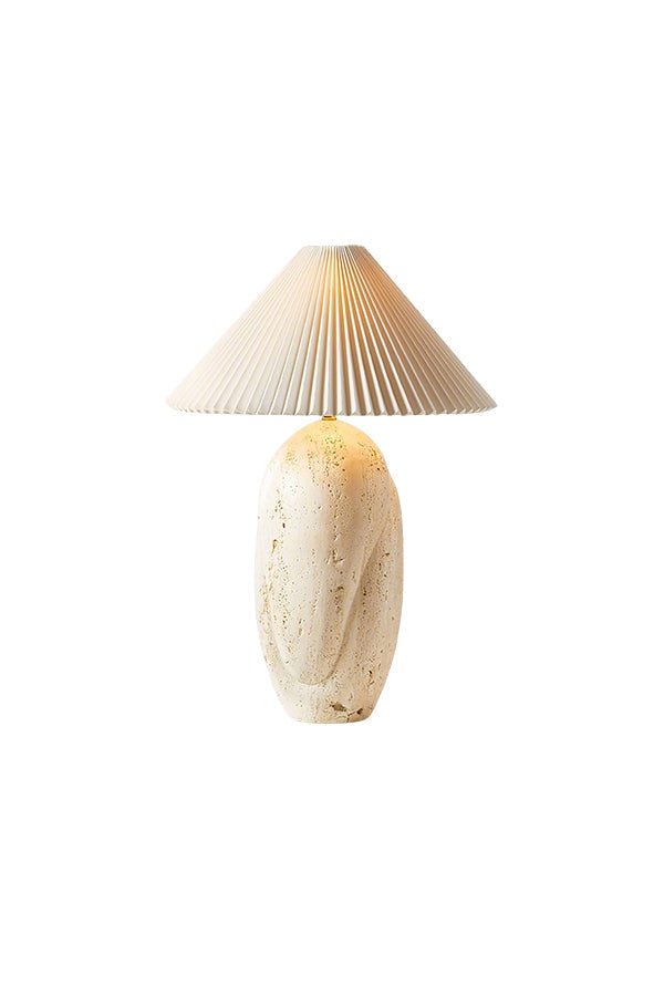 Travertine table lamp with cream pleated fabric shade | Travertine, Fabric | Front view isolated on white background | vexa lamps