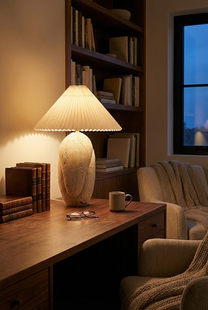 Wabi-Sabi travertine lamp on a desk | Travertine, Fabric | Home office setting with dark wood and books | vexa lamps