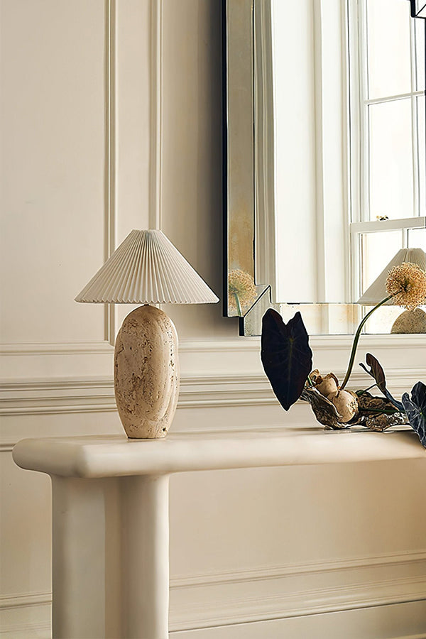 Minimalist travertine table lamp | Travertine, Fabric | On a white console table in a bright interior | vexa lamps