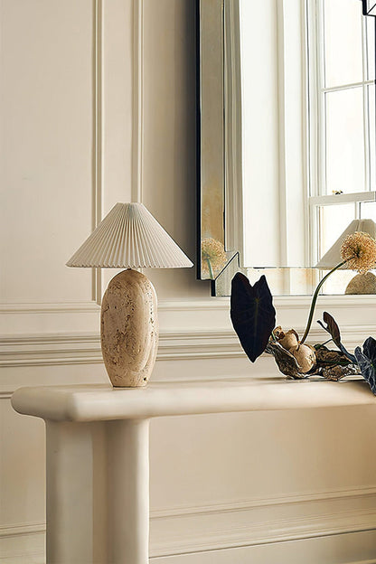 Minimalist travertine table lamp | Travertine, Fabric | On a white console table in a bright interior | vexa lamps