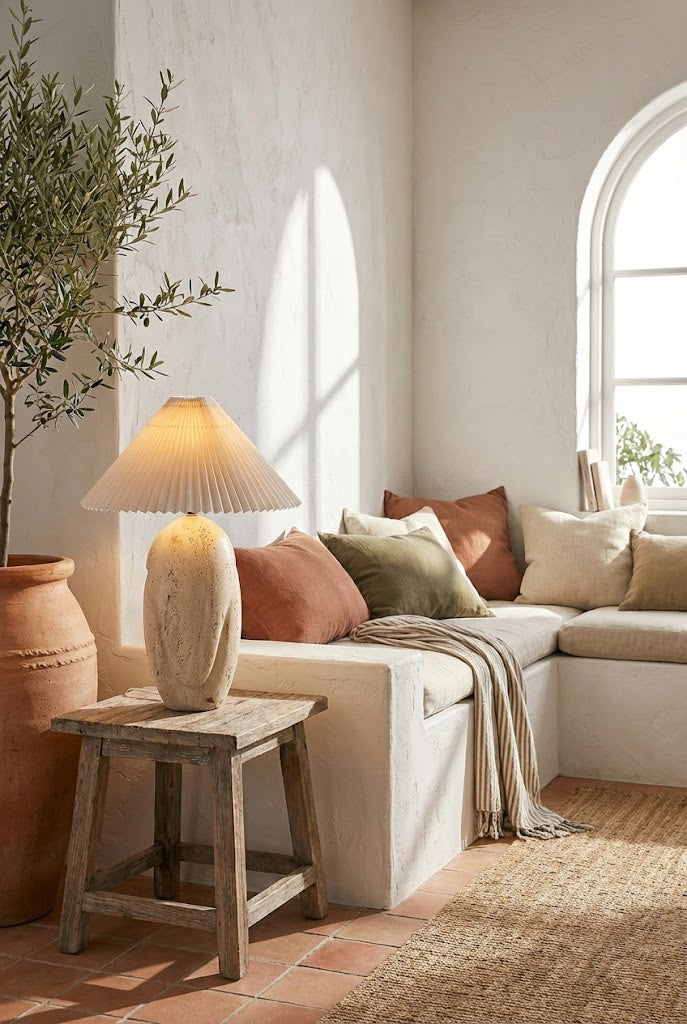 Organic stone lamp in a sunlit room | Travertine, Fabric | On a small wooden stool near a white sofa | vexa lamps