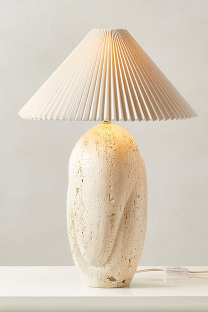 Travertine Table Lamp with Pleated Shade | Travertine, Fabric | Full product shot on neutral background | vexa lamps