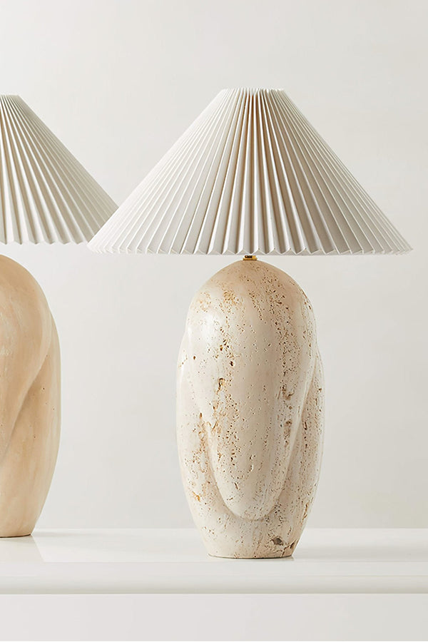 Pair of travertine table lamps | Travertine, Fabric | Close-up of the pleated shades and stone bases | vexa lamps