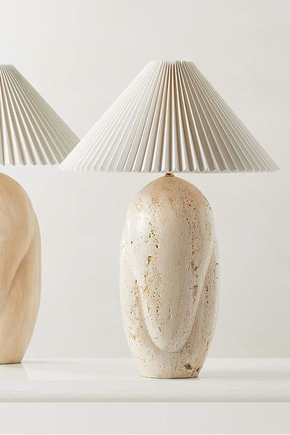 Pair of travertine table lamps | Travertine, Fabric | Close-up of the pleated shades and stone bases | vexa lamps