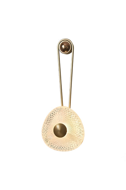 Vara Aura Woven Acrylic Wall Lamp | Woven Acrylic, Brass | Isolated studio shot on a clean white background, showcasing the unique safety-pin inspired brass frame and textured acrylic shade | vexa lamps