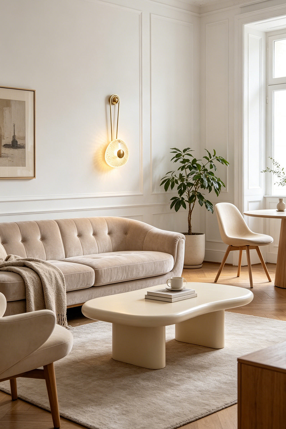 Vara Aura Woven Acrylic Wall Lamp | Woven Acrylic, Brass | Mounted on a living room wall above a modern beige tufted sofa and a minimalist coffee table | vexa lamps