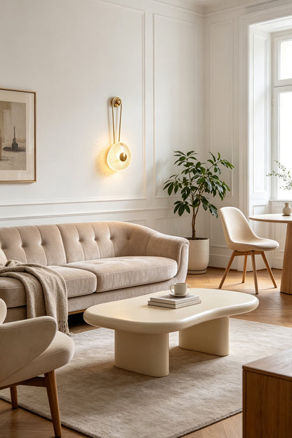 Vara Aura Woven Acrylic Wall Lamp | Woven Acrylic, Brass | Mounted on a living room wall above a modern beige tufted sofa and a minimalist coffee table | vexa lamps