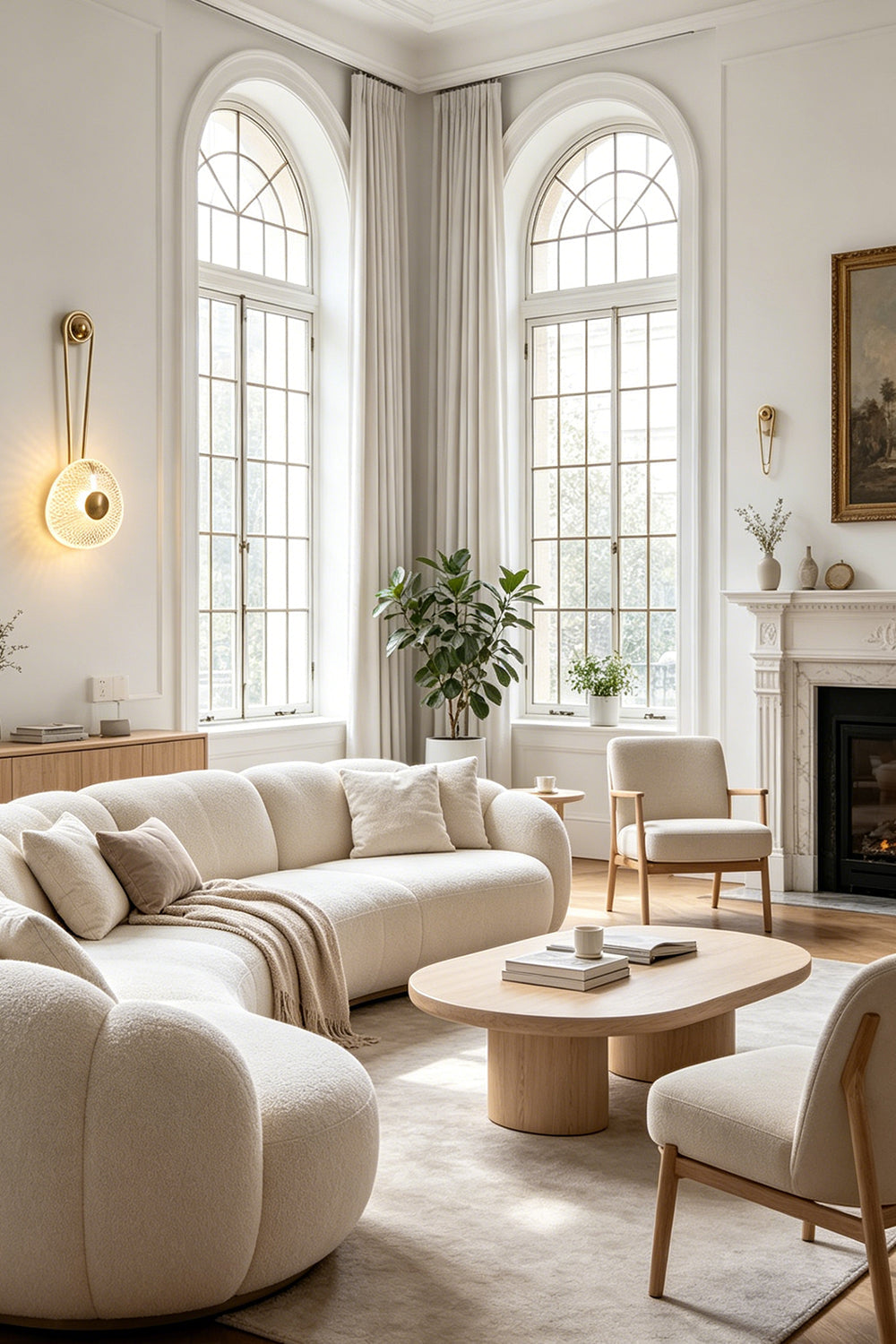 Vara Aura Woven Acrylic Wall Lamp | Woven Acrylic, Brass | Placed in a spacious living room featuring high arched windows, neutral furniture, and a bright ambiance | vexa lamps