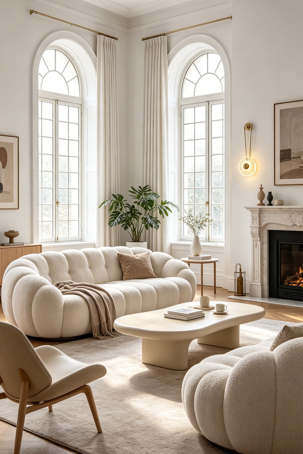 Vara Aura Woven Acrylic Wall Lamp | Woven Acrylic, Brass | Mounted on a wall near a classic fireplace in a sunlit living room with large arched windows | vexa lamps