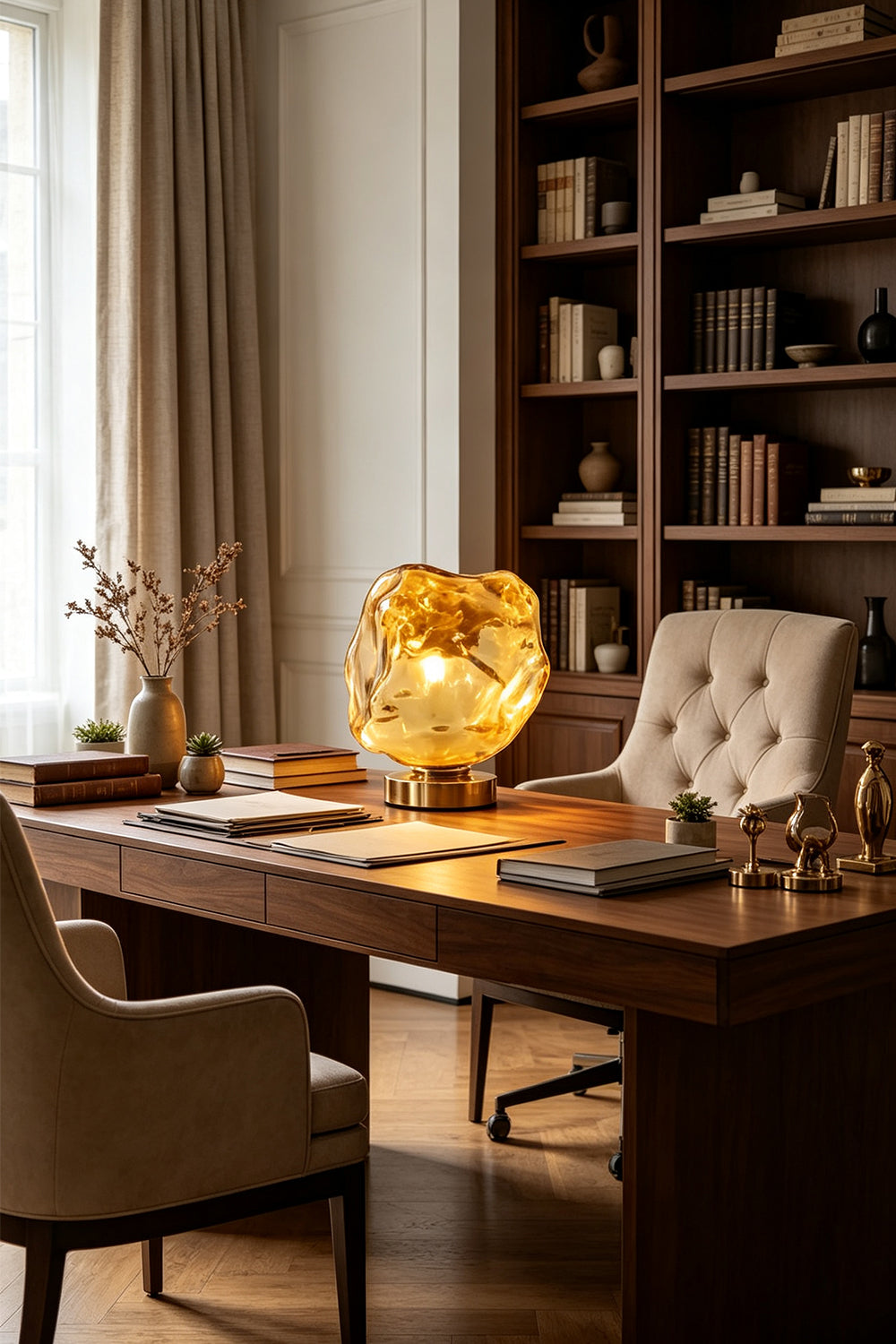 Vega Molten Metal Table Lamp illuminating a stylish home office desk with books and decor.
