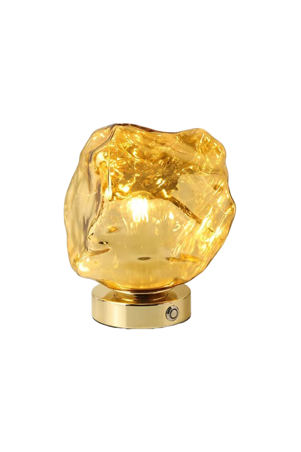 Vega Molten Metal Table Lamp with a sculptural, reflective gold base and organic curves, ideal for stylish lighting.