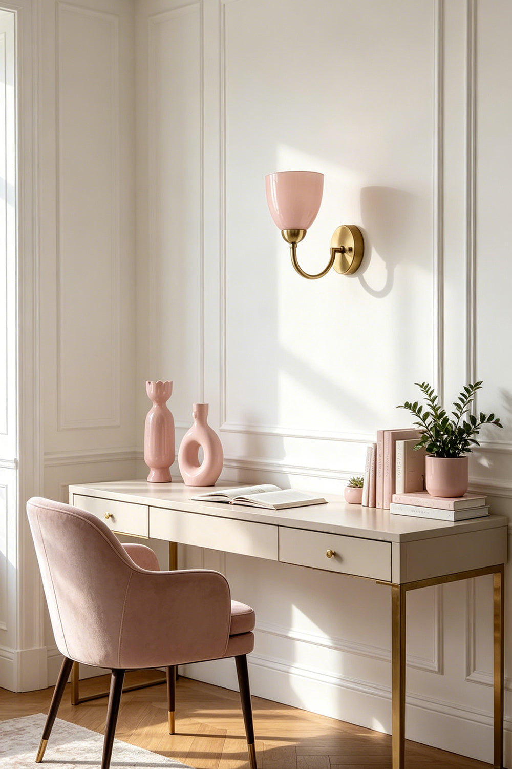 Veil Curve Glass Wall Lamp with pink shade | Metal, Glass | Placed in a home office corner near a desk | vexa lamps —— Veil Curve