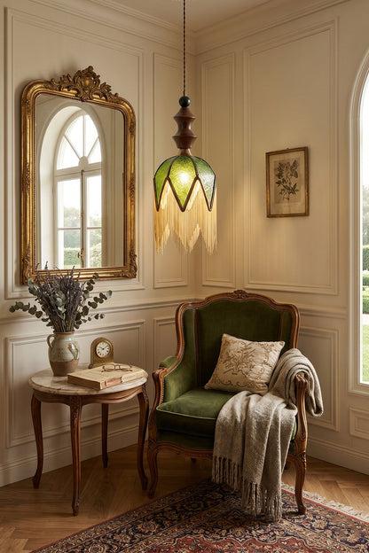 Verdure Cascade Pendant Light | Wood, Metal, Fabric | Hanging in vintage living room next to green armchair | Interior scene | vexa lamps