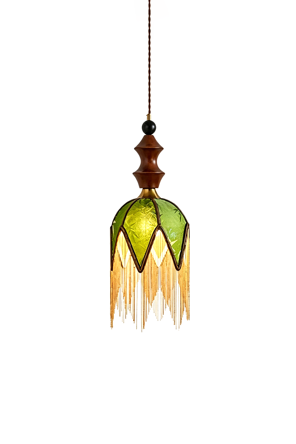 Verdure Cascade Pendant Light | Wood, Metal, Fabric | Green fabric shade, cascading fringes, wood bead top | Isolated lit product shot | vexa lamps