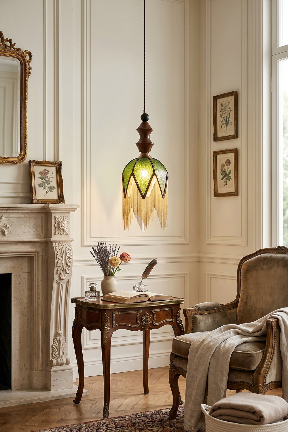 Verdure Cascade Pendant Light | Wood, Metal, Fabric | Displayed in cozy living room with fireplace and antique table | Interior scene | vexa lamps