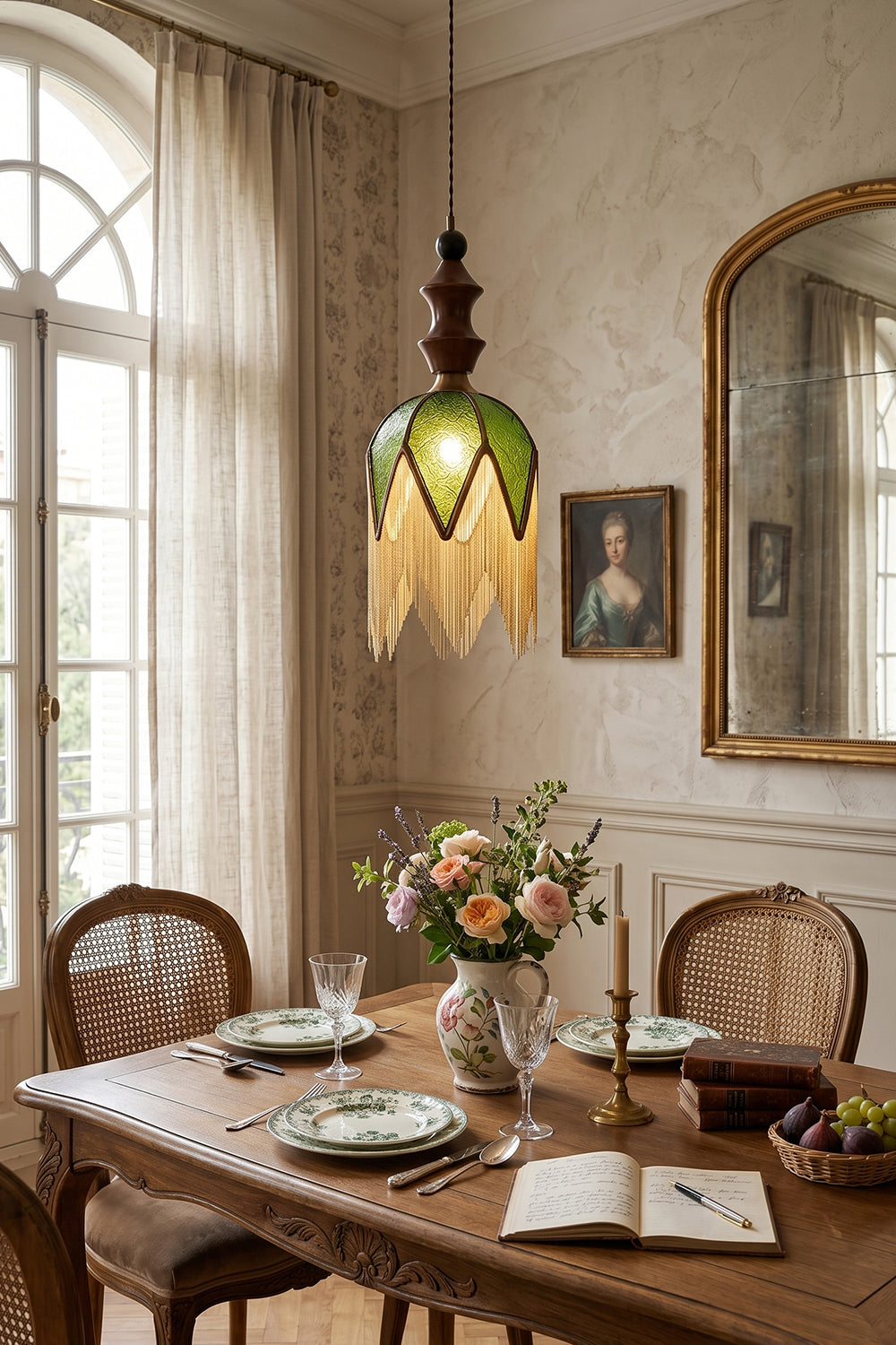 Verdure Cascade Pendant Light | Wood, Metal, Fabric | Close-up scene in vintage living room with window and mirror | Interior scene | vexa lamps