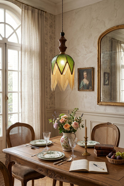 Verdure Cascade Pendant Light | Wood, Metal, Fabric | Close-up scene in vintage living room with window and mirror | Interior scene | vexa lamps