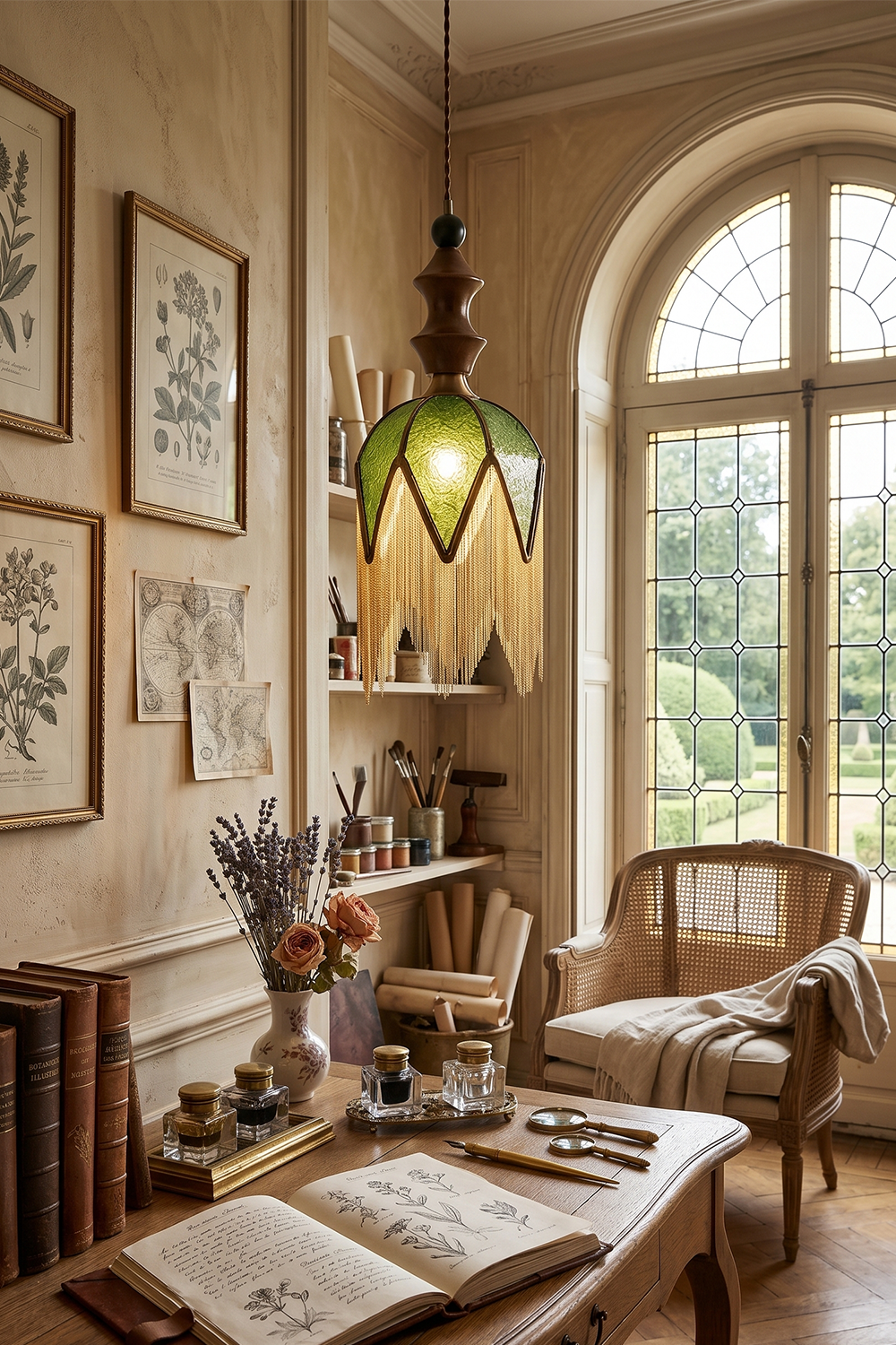 Verdure Cascade Pendant Light | Wood, Metal, Fabric | Positioned over dark wood desk with classic decor | Interior scene | vexa lamps