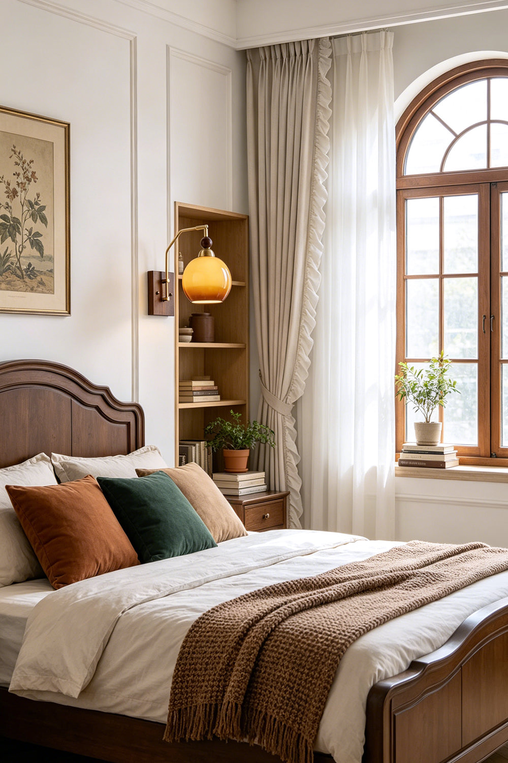 Vesper Caramel Gradient Wall Lamp | Glass, Metal, Wood | Mounted on a white wall as an elegant bedside reading lamp next to a classic wooden headboard in a bright room | vexa lamps