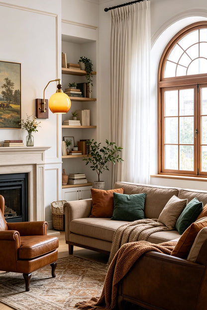 Vesper Caramel Gradient Wall Lamp | Glass, Metal, Wood | Featured in a cozy living room next to a fireplace and bookshelves, throwing a warm light over a leather armchair | vexa lamps