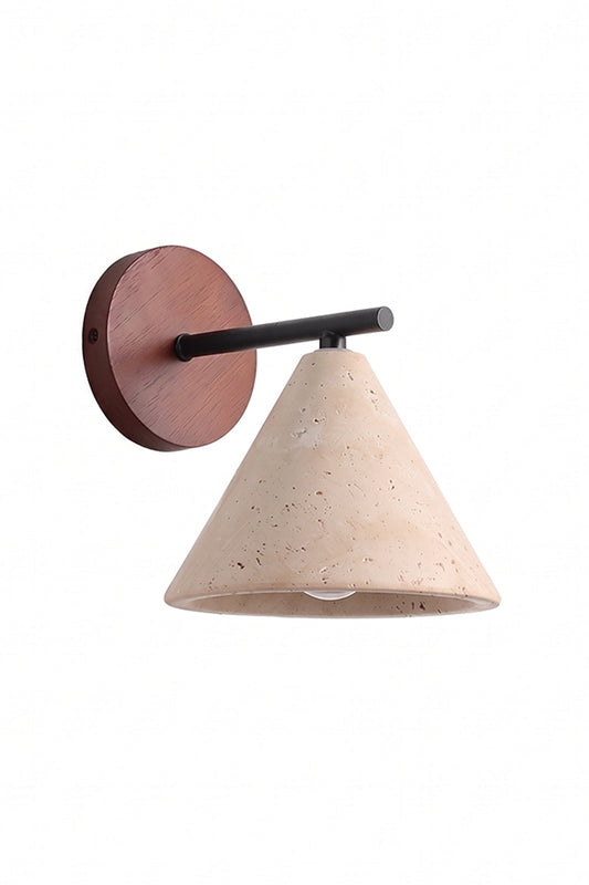 Vesper Cone Travertine Wall Light | Travertine, Wood | Cone shade with circular wood backplate | Isolated product shot | vexa lamps