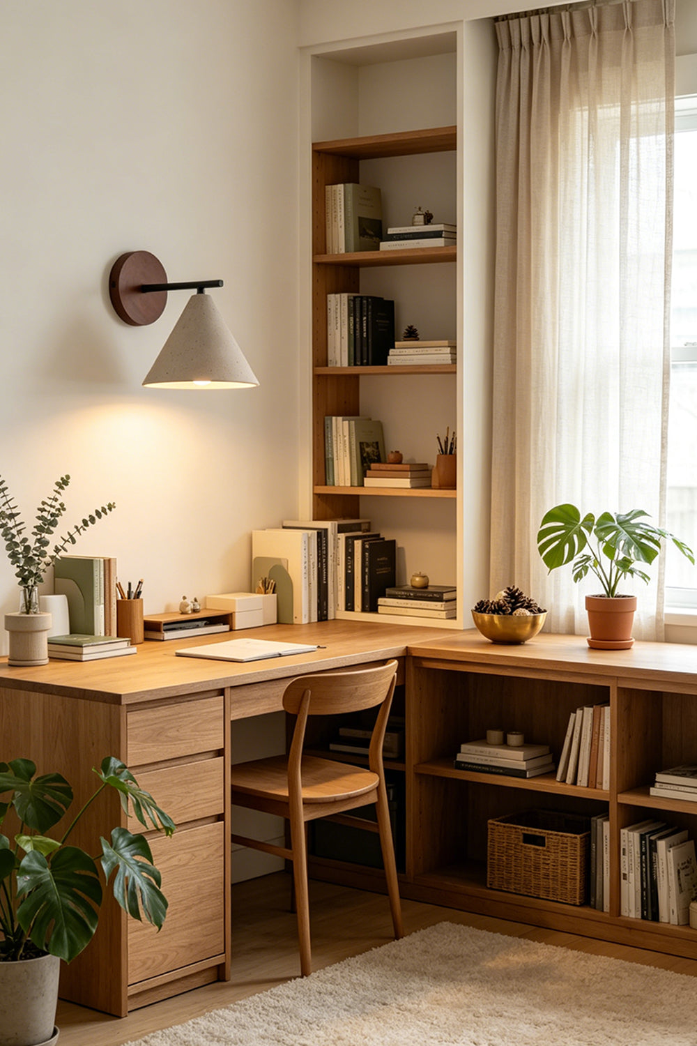 Vesper Cone Travertine Wall Light | Travertine, Wood | Built-in wooden shelves and desk setup | vexa lamps