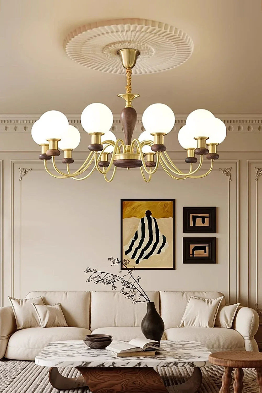 Vintage Globe Walnut Brass Chandelier - view 4 | everlamps