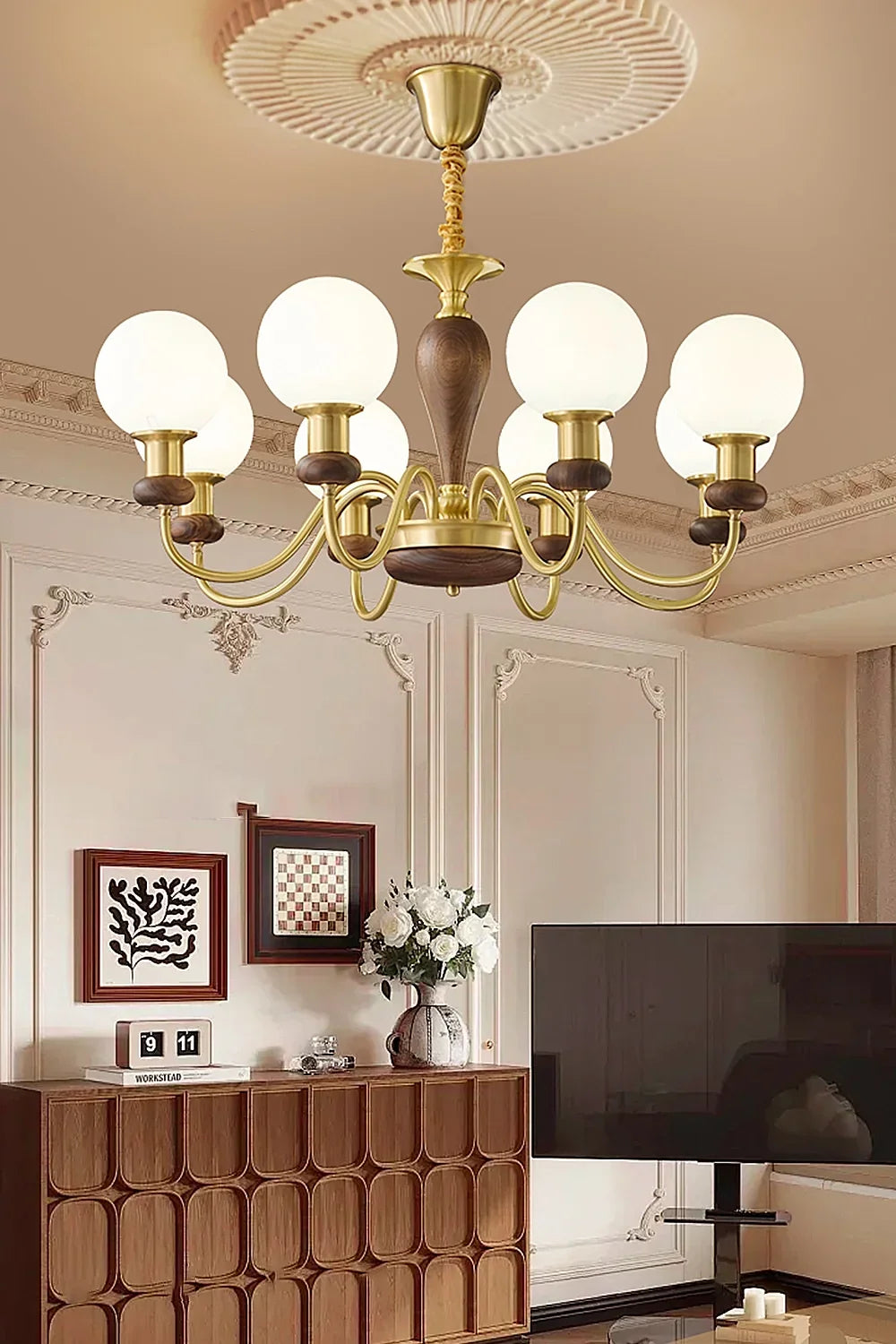 Vintage Globe Walnut Brass Chandelier - view 5 | everlamps