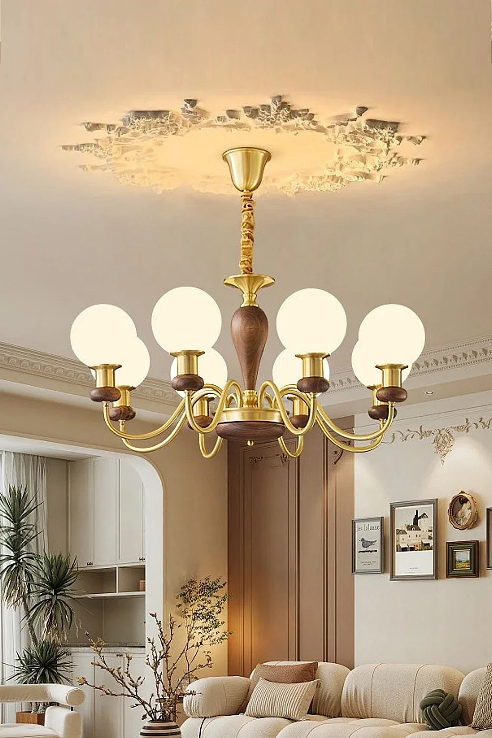 Vintage Globe Walnut Brass Chandelier - view 2 | everlamps