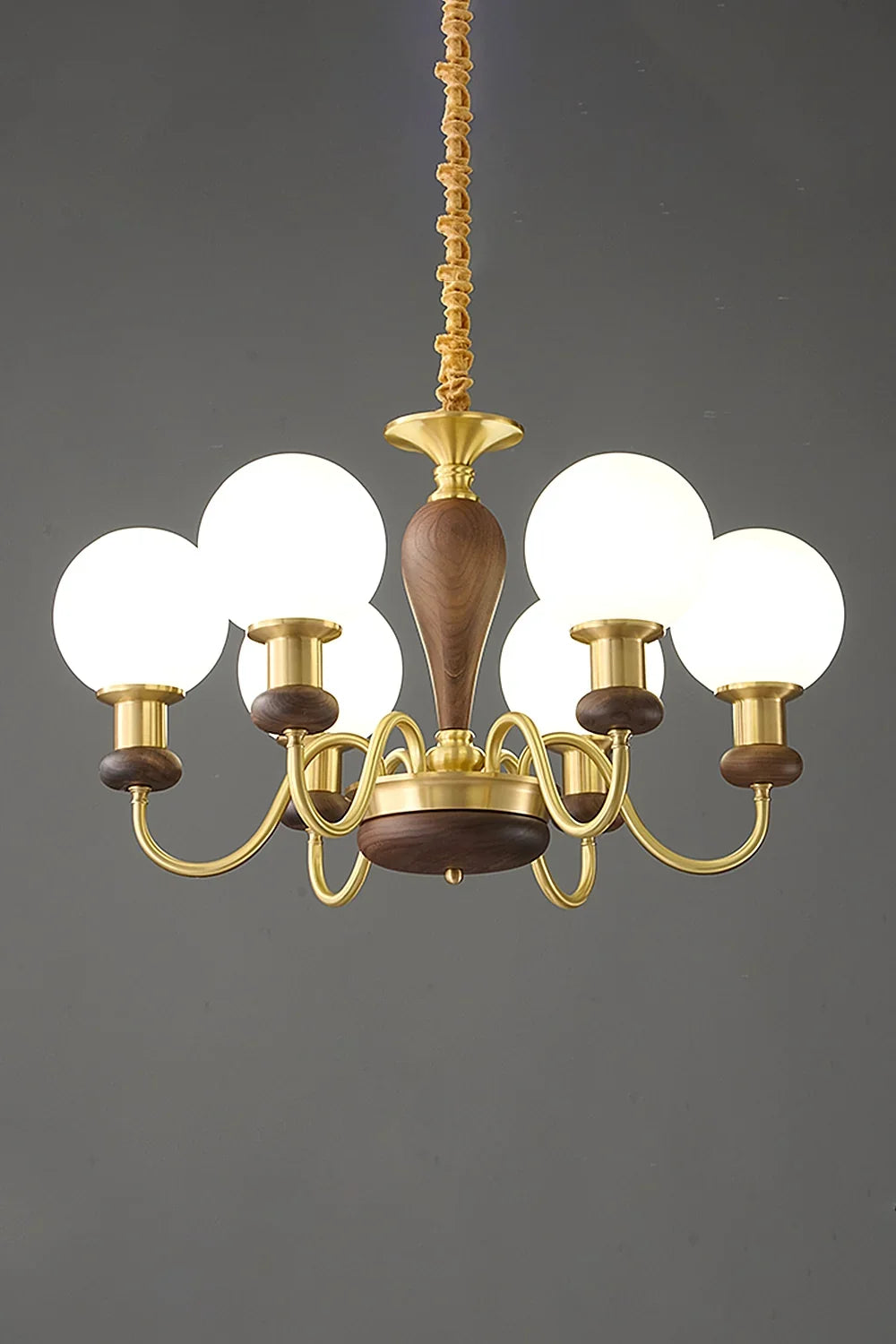 Vintage Globe Walnut Brass Chandelier - view 7 | everlamps