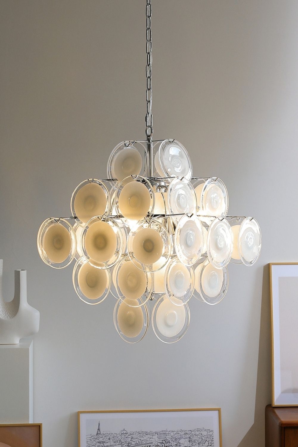 Vintage Art White Disk Glass Chandelier - view 18 | everlamps