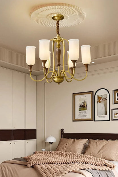Vintage Walnut Brass Glass Chandelier - view 4 | everlamps