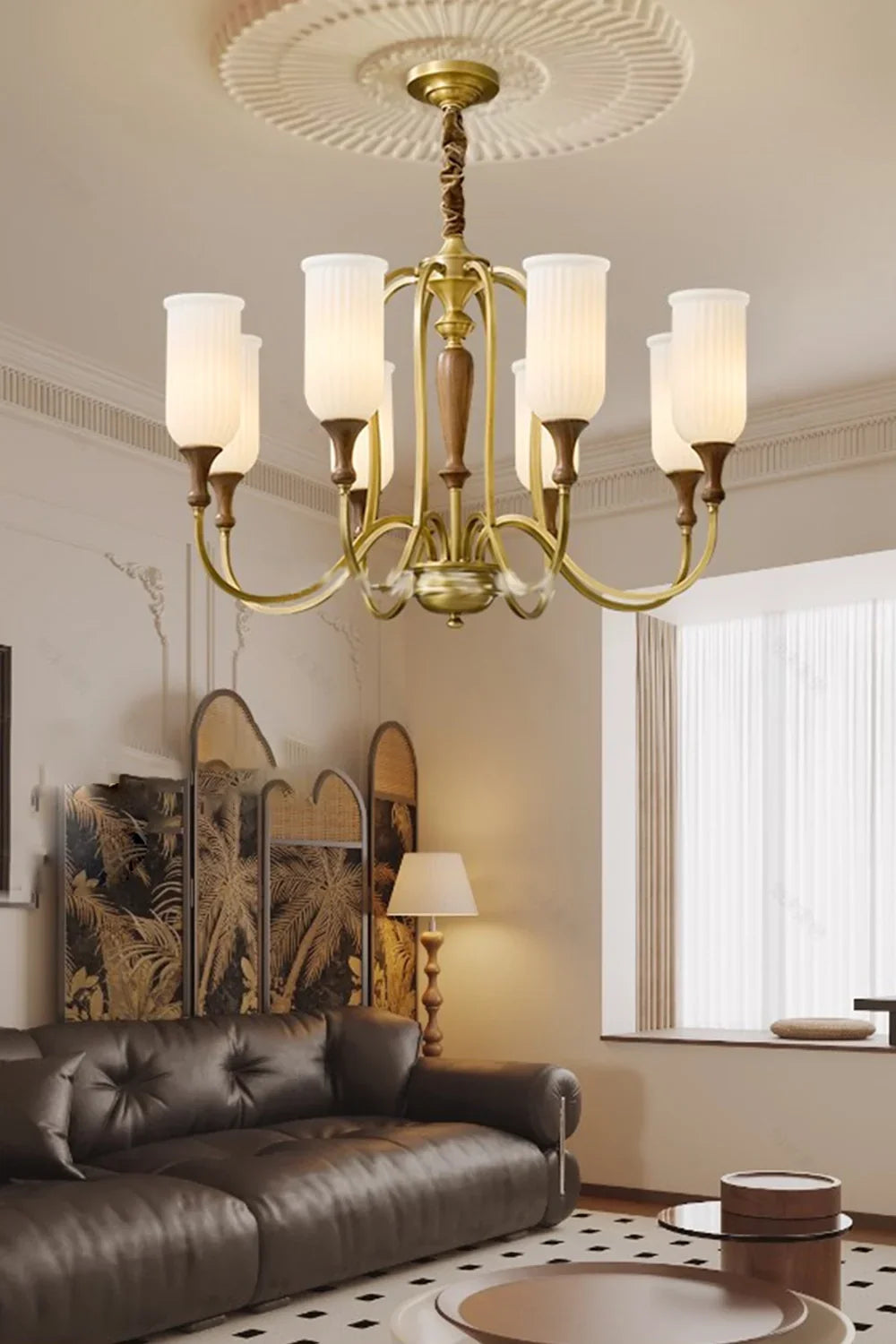 Vintage Walnut Brass Glass Chandelier - view 6 | everlamps