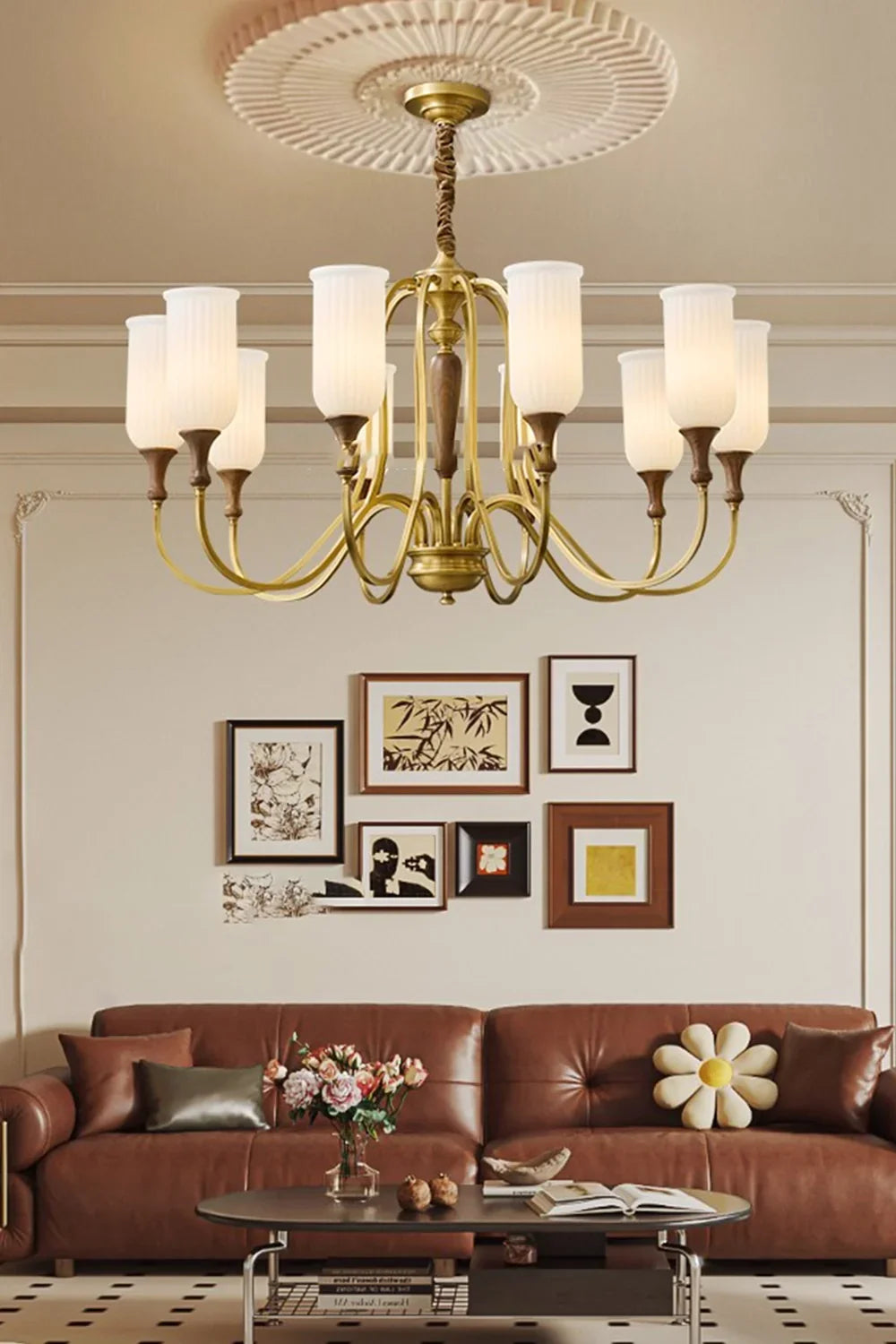 Vintage Walnut Brass Glass Chandelier - view 2 | everlamps