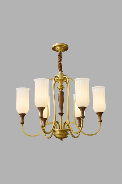 Vintage Walnut Brass Glass Chandelier - view 7 | everlamps