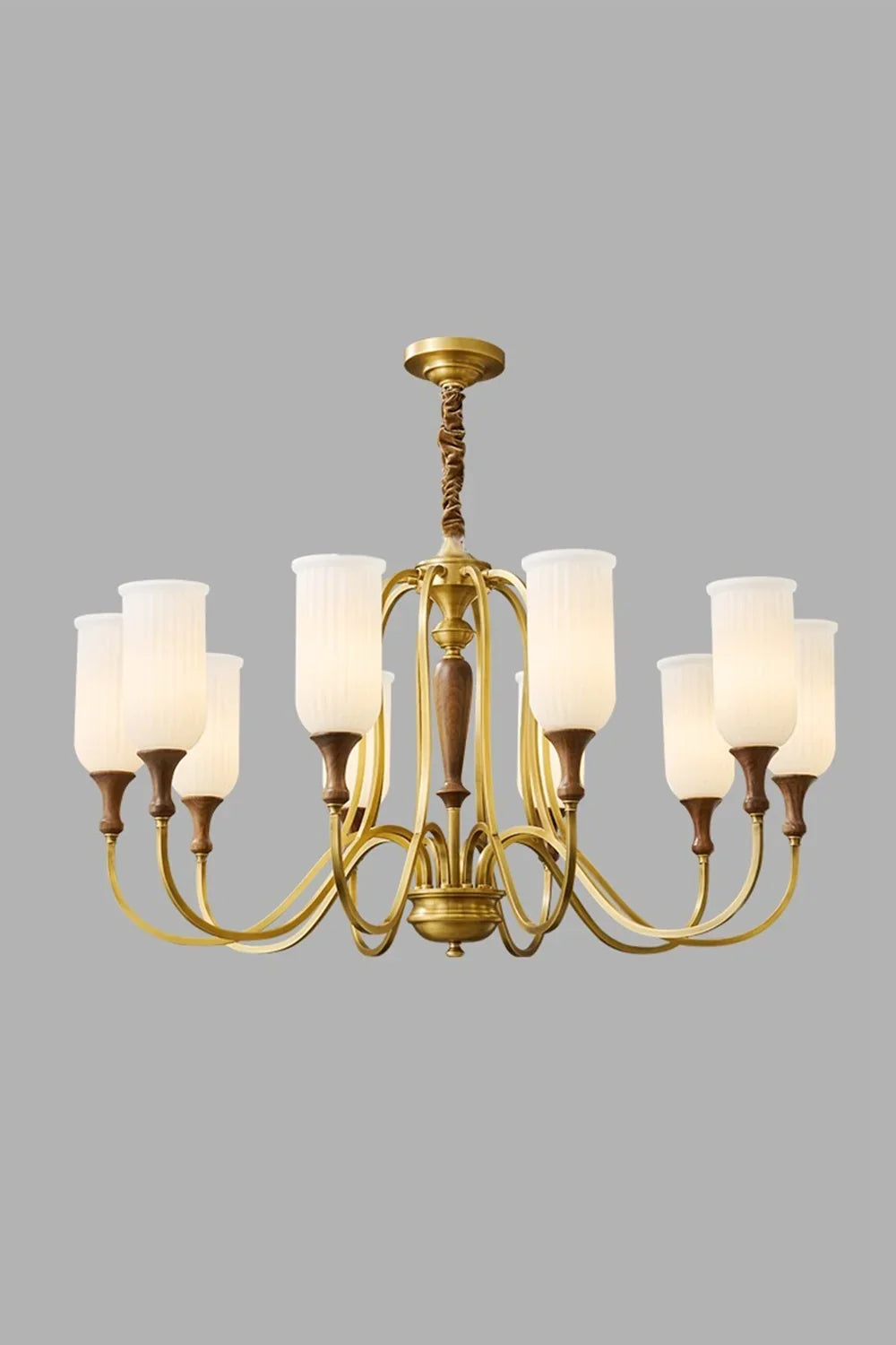 Vintage Walnut Brass Glass Chandelier - view 9 | everlamps