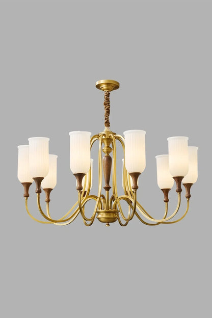Vintage Walnut Brass Glass Chandelier - view 9 | everlamps