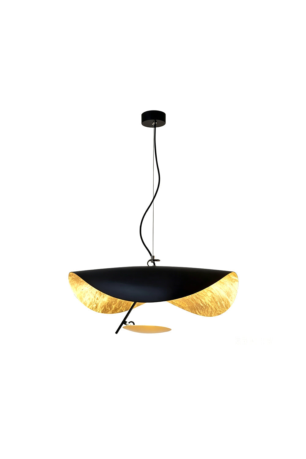 Voluta Horizon Metal Pendant Light | Metal | Modern wave-shaped pendant light with a black exterior, textured gold foil interior, and a small suspended accent disc | Isolated lit product shot on white background | vexa lamps