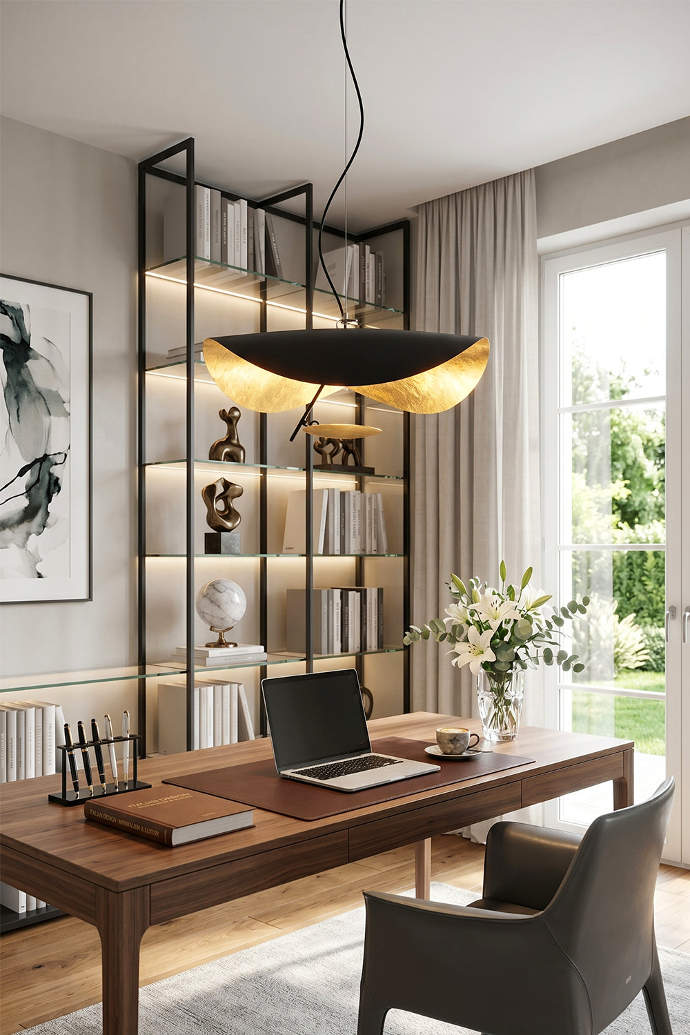 Voluta Horizon Metal Pendant Light | Metal | Suspended over a dark wood executive desk and office chair in a bright, modern study | vexa lamps