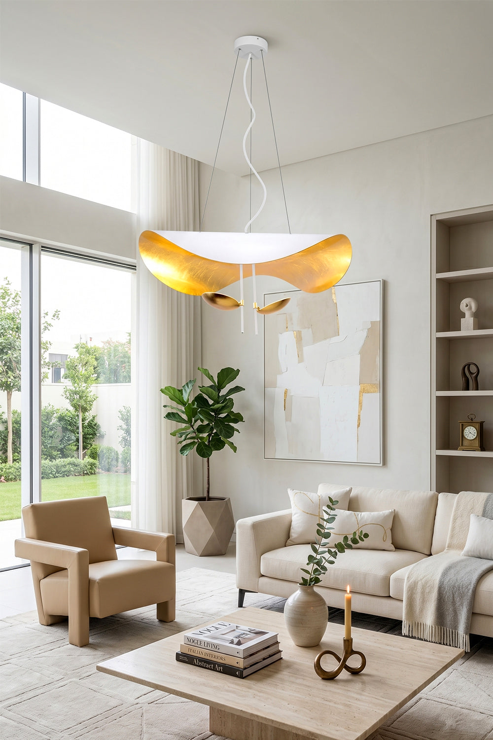Voluta Horizon Metal Pendant Light | Metal | White variant adding a luxurious touch to a bright living room with a beige sofa and modern decor | vexa lamps