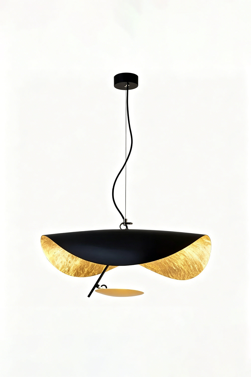 Voluta Horizon Metal Pendant Light | Metal | Straight-on view of the fully lit black and gold wave pendant light | Isolated shot | vexa lamps