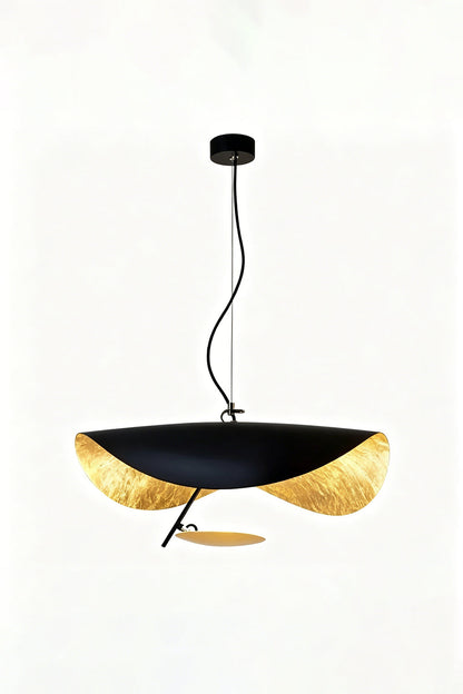 Voluta Horizon Metal Pendant Light | Metal | Straight-on view of the fully lit black and gold wave pendant light | Isolated shot | vexa lamps