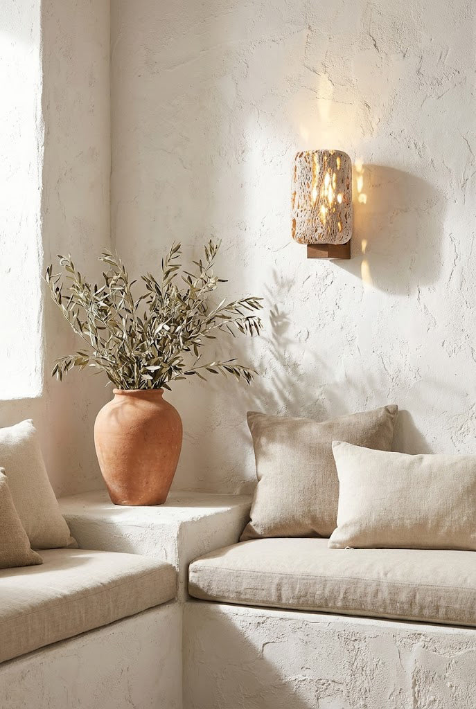 Lit stone wall sconce above a built-in stone bench | Travertine, Wood | Rustic interior scene with cushions and a terracotta vase | vexa lamps