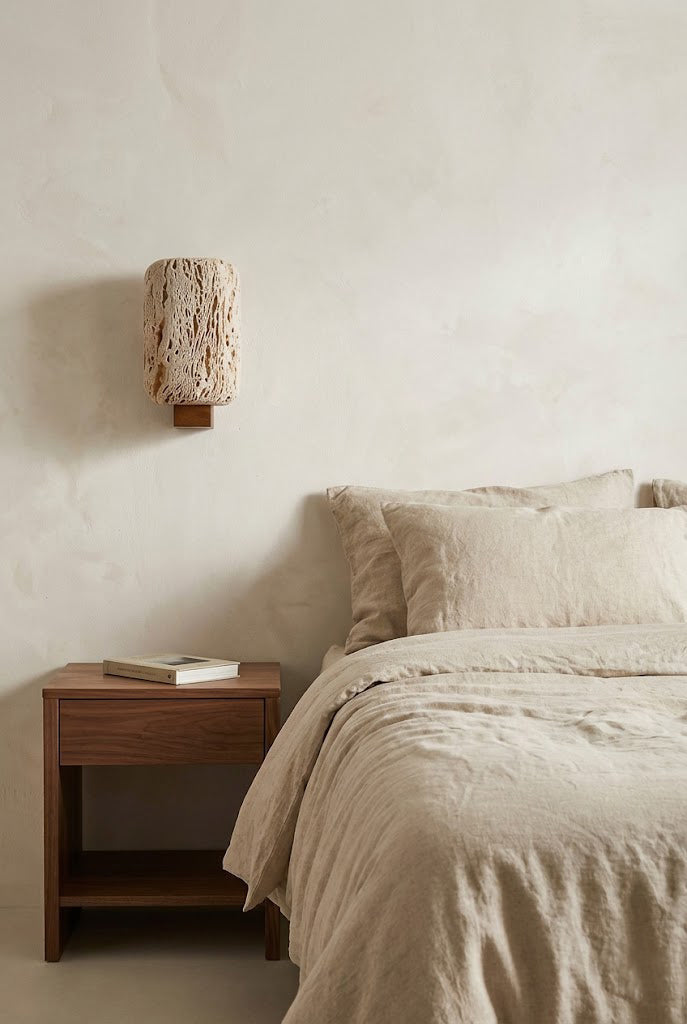 Unlit travertine wall sconce on a textured plaster wall | Travertine, Wood | Minimalist bedroom interior view | vexa lamps