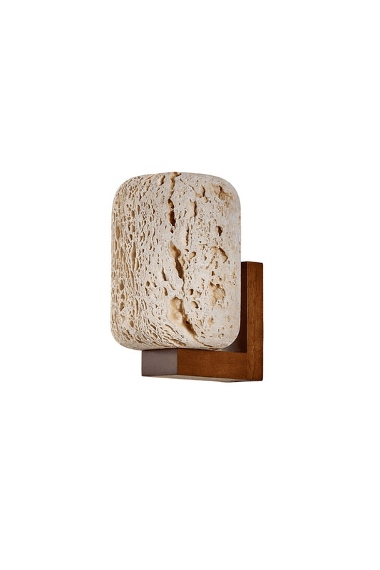 Wabi-Sabi travertine cylinder wall sconce with wooden base | Travertine, Wood, Metal | Front view isolated on white background | vexa lamps