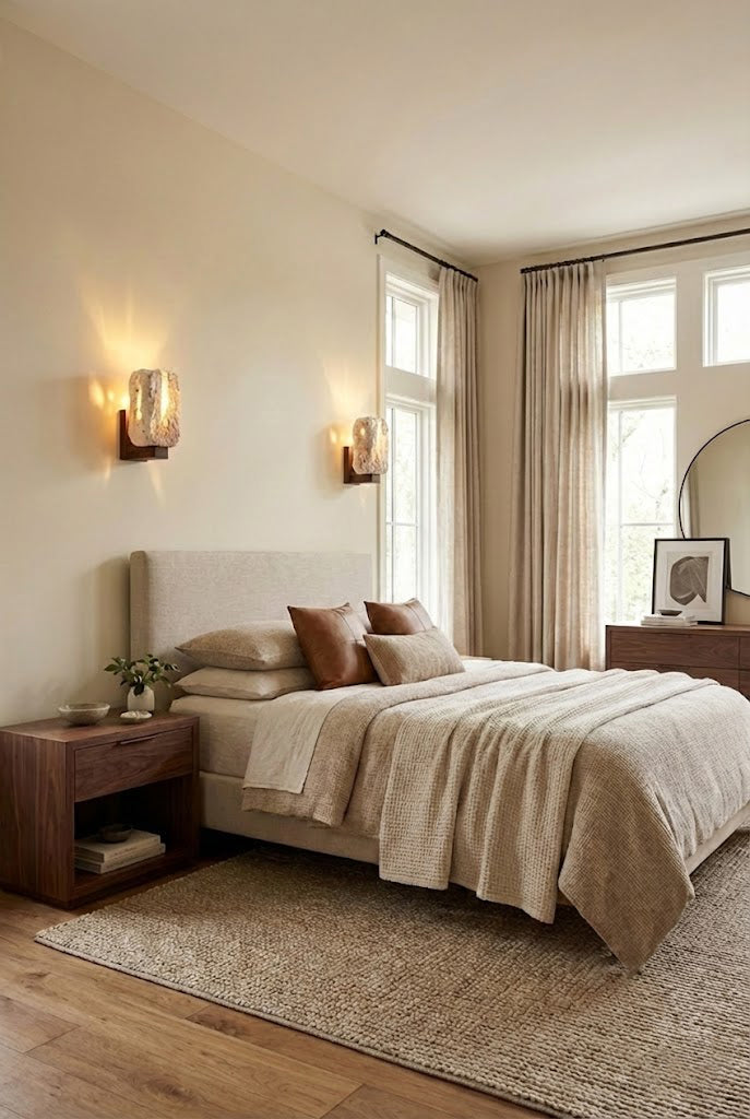Pair of Wabi-Sabi travertine wall lamps flanking a bed | Travertine, Wood | Full bedroom interior with neutral tones and wooden furniture | vexa lamps