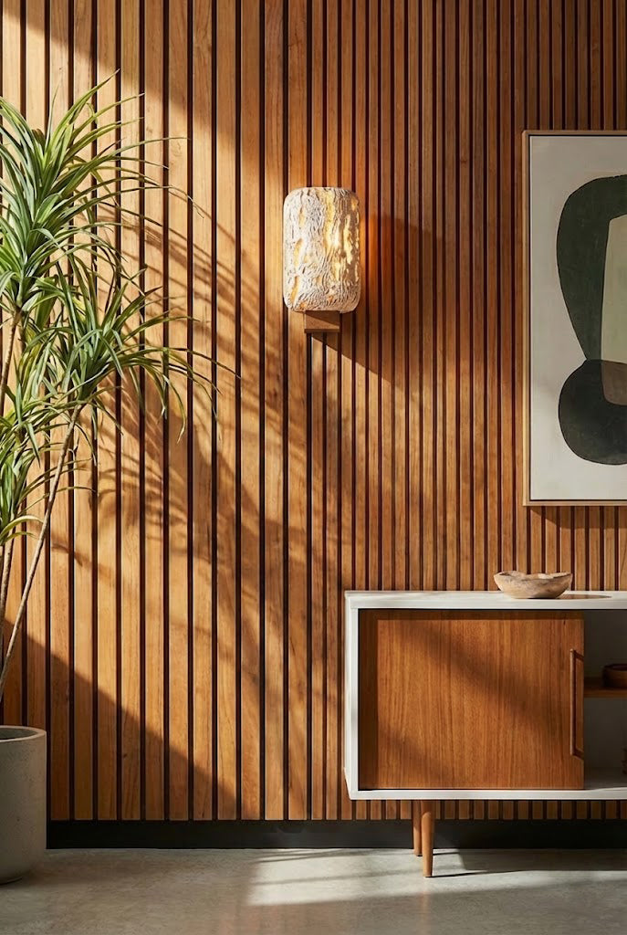 Travertine wall light on a vertical wood slat panel | Travertine, Wood | Modern organic interior scene with green plant | vexa lamps