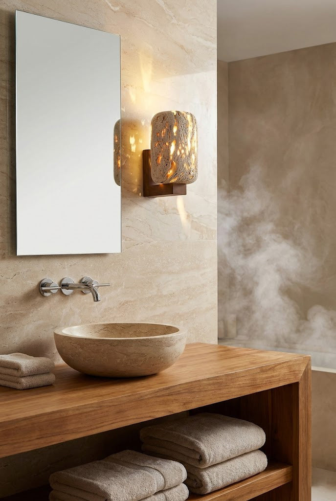 Wabi-Sabi stone wall lamp in a spa-like bathroom | Travertine, Wood | Next to a mirror and wooden vanity with stone basin | vexa lamps