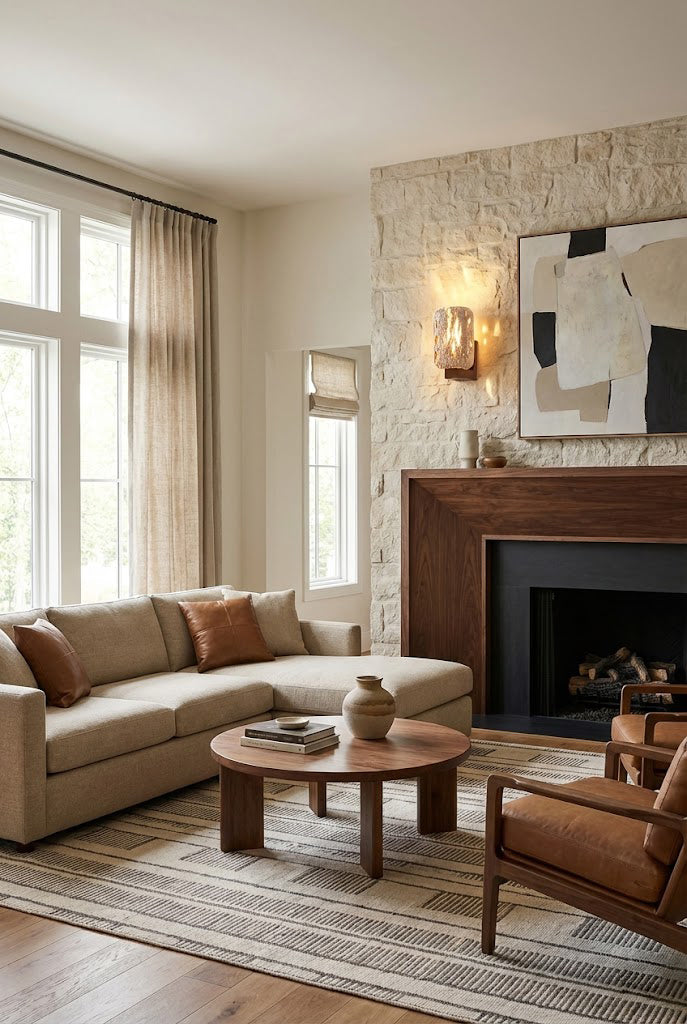 Travertine wall light in a large Wabi-Sabi living room | Travertine, Wood | Interior scene with a fireplace and beige sectional sofa | vexa lamps