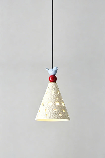 Whimsy Ceramic & Resin Pendant Light featuring a textured cone shade and sculptural bird detail.